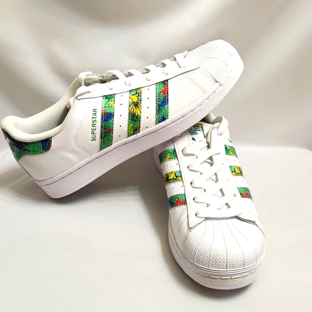 Adidas Superstar Tropical Floral Stripes White Leather Sneakers  (M Size 7)